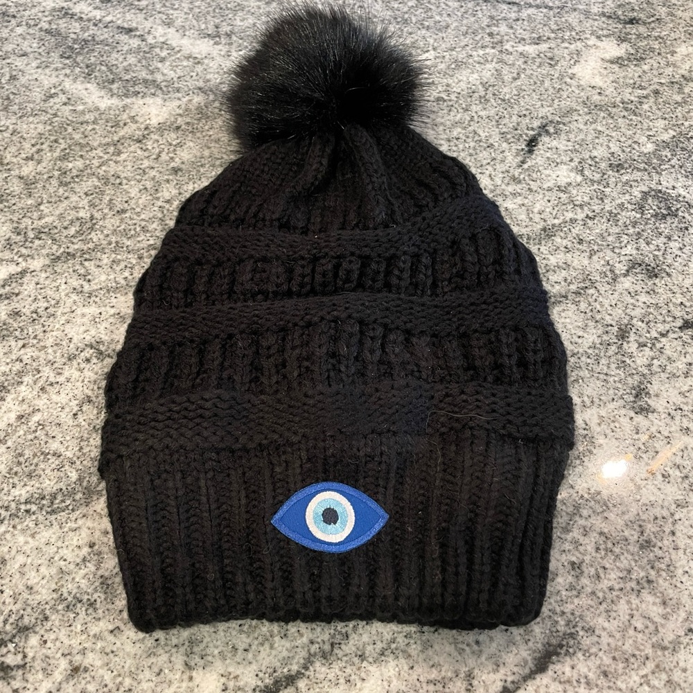 ✨Host Pick ✨New Custom Designed Black Slouchy Pom Beanie w/ Evil Eye From Greece